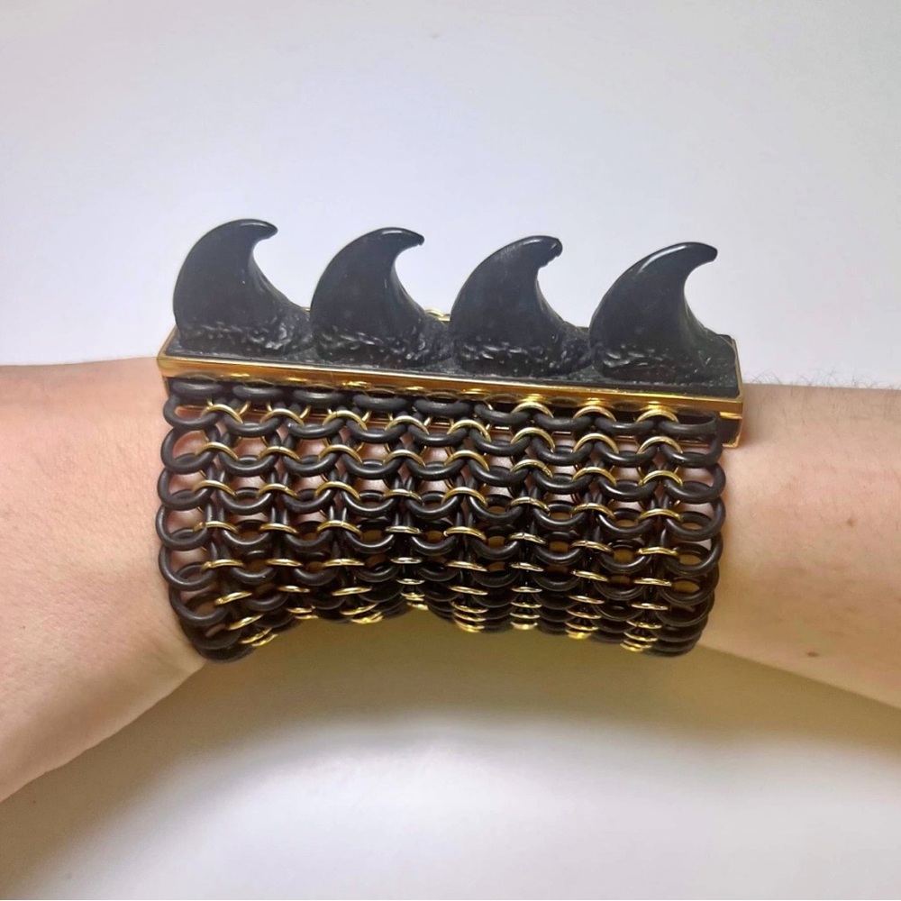 Designer Statement Bracelet. Chainmail Cuff Bracelet with Claw Accents